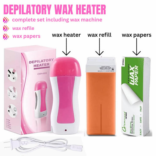 3 in 1 Depilatory Wax Roll On Heater With Epilator Machine with Wax Refill and Strips for Women