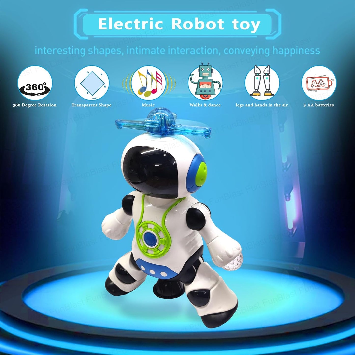 FunBlast Dancing Robot with Music, Robot for Kids with 3D Flashing Lights, 360 Degree Rotation