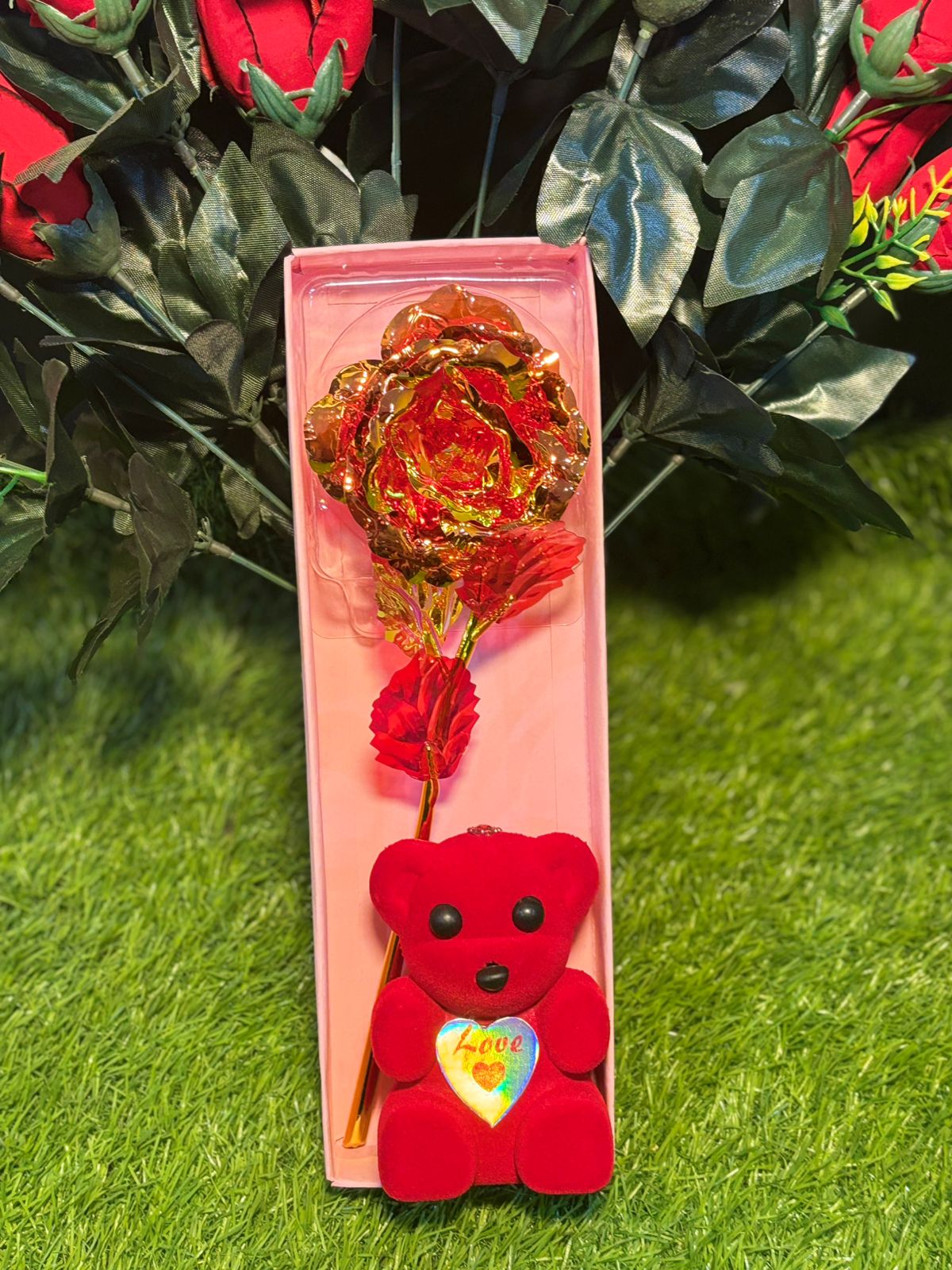 Valentine’s Teddy Bear with Artificial Flower