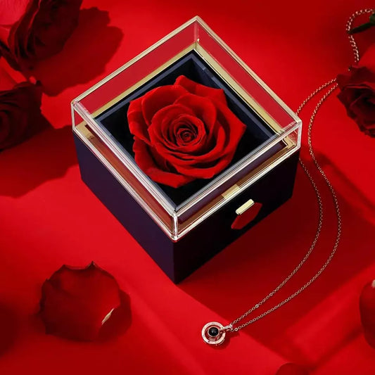 Romantic Gifts Rotating Rose Gift Box Acrylic Ring Necklace Flower Jewelry Box